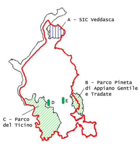 le 5 principali aree di studio. sui Picidae in provincia di Varese