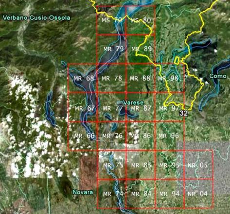 Figura 2: le 24 particelle della griglia UTM che coprono il territorio della provincia di Varese